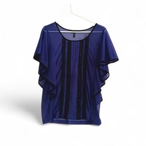 Maurices Royal Blue Sheer Blouse Black Lace Sequin Detail Flutter Sleeve Flowy